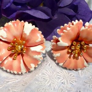 CROWN TRAFARI ENAMEL PINK CARNATION CLIP EARRINGS